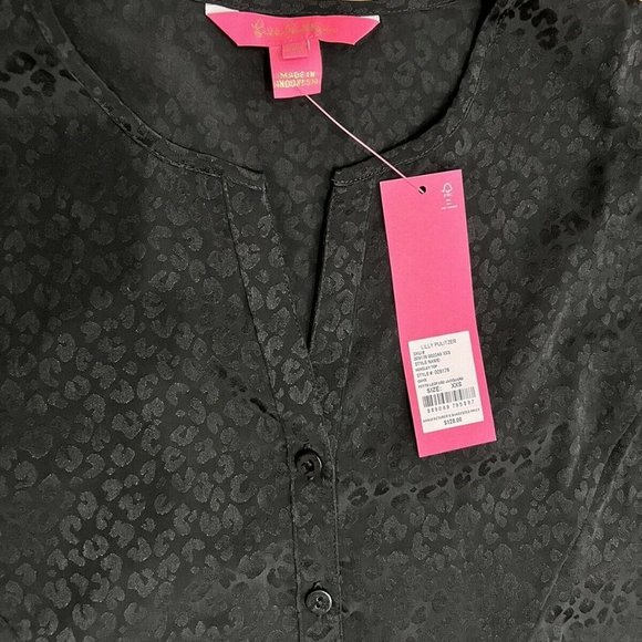 NWT Lilly Pulitzer Hensley Onyx Black Top Blouse Leopard Jacquard XXS Runs Big - Picture 7 of 10